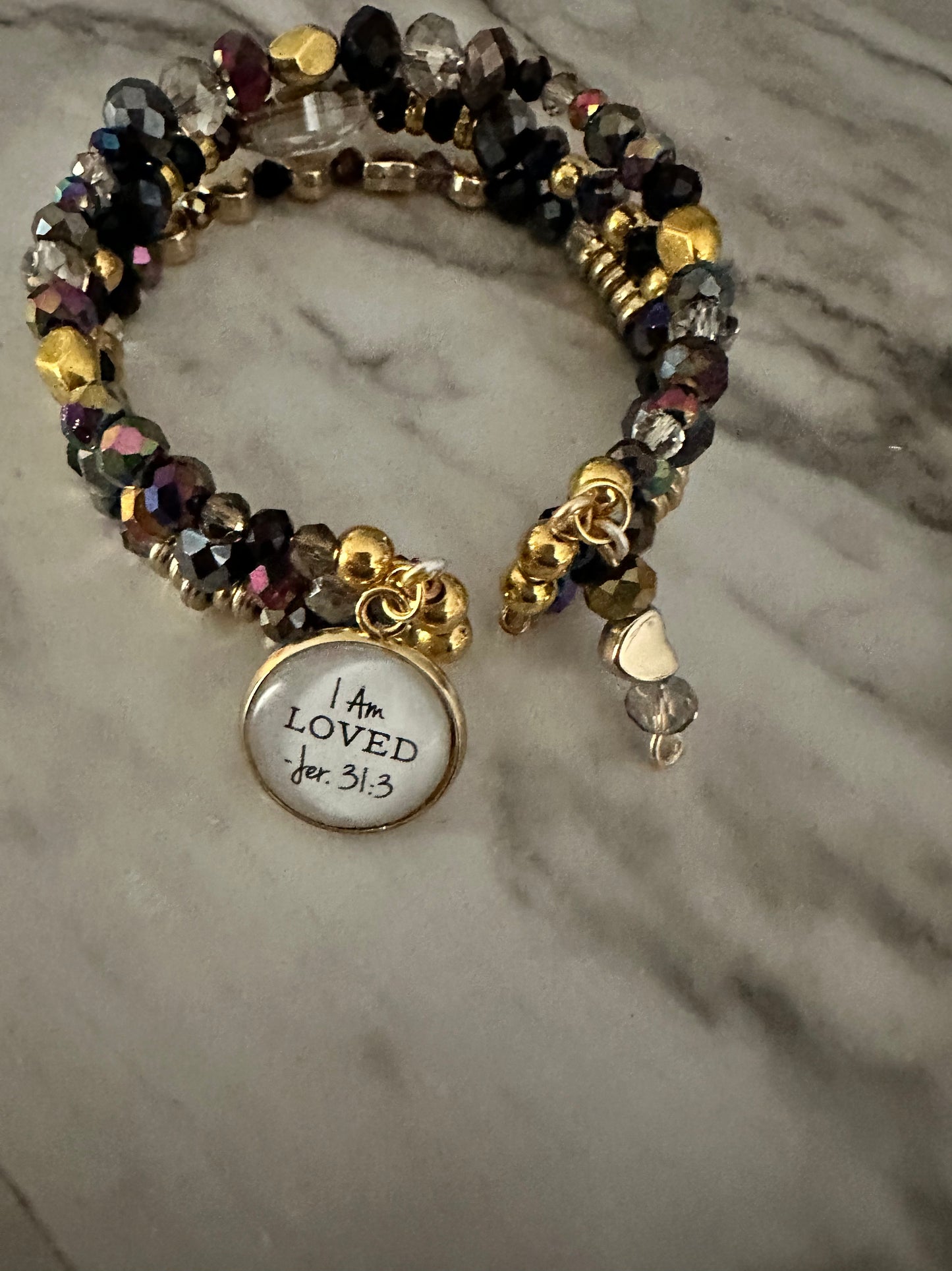 I Am Loved three strand cuff style charm bracelet.
