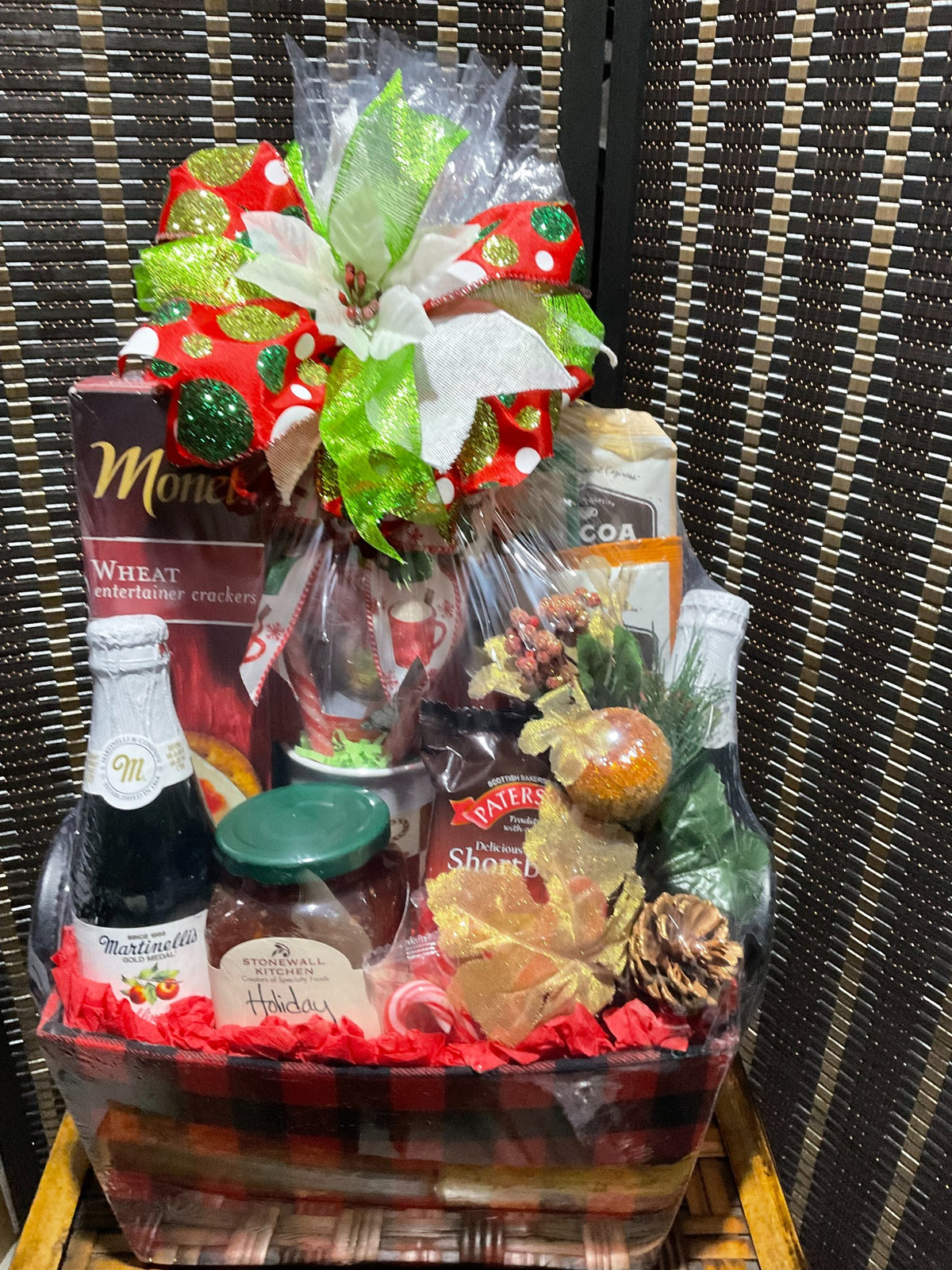 Wrapped custom snack and treat gift basket with seasonal ribbon | Expressions of GRACE Co.