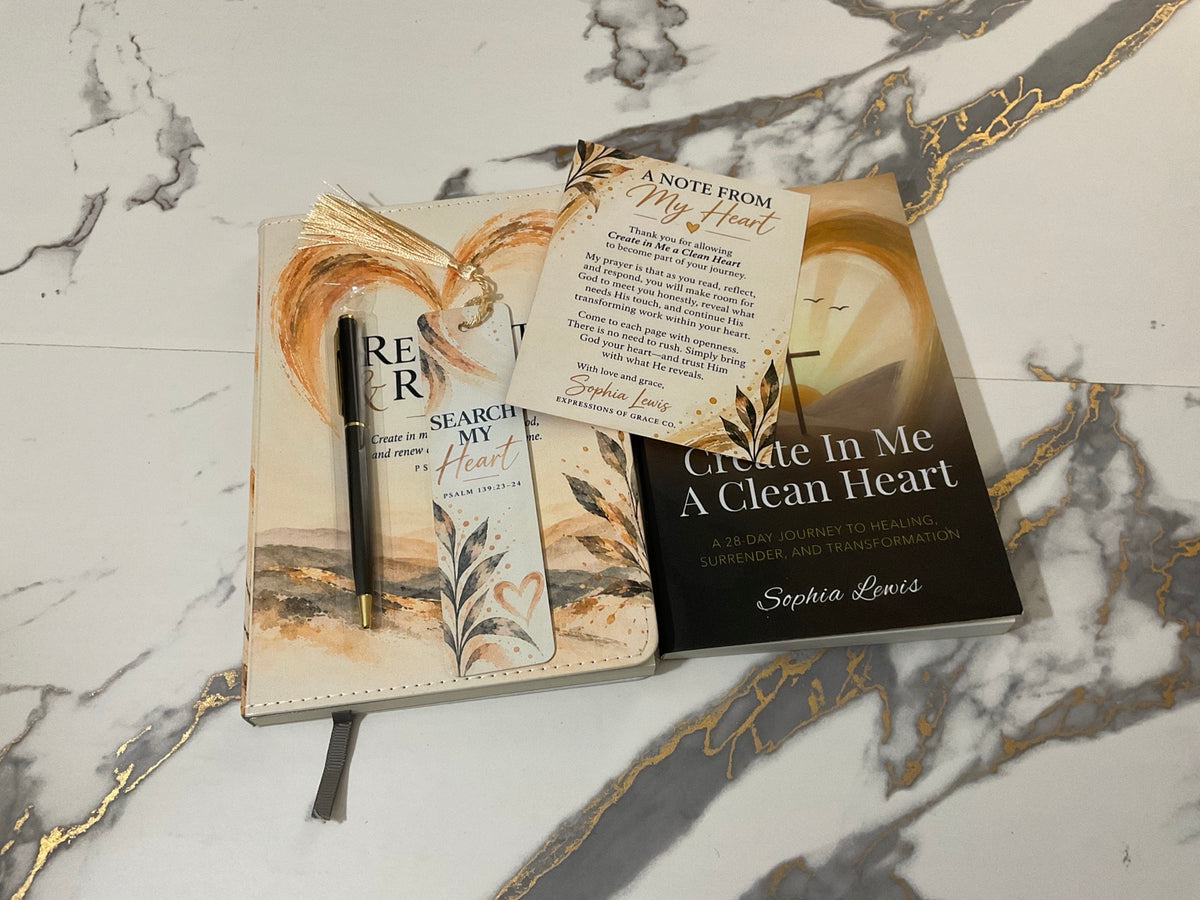 Book, journal, pen, bookmark and note displayed together