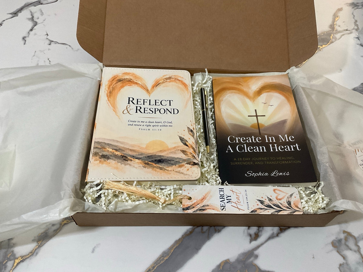 Create in Me a Clean Heart devotional gift bundle arranged in open box