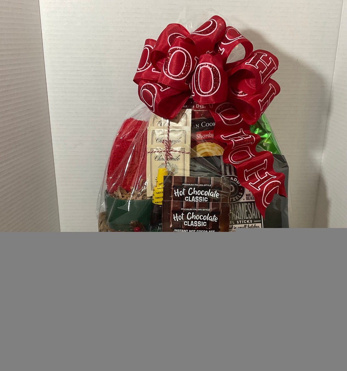 Holiday Comfort Gift, Ho Ho Ho container with red bow