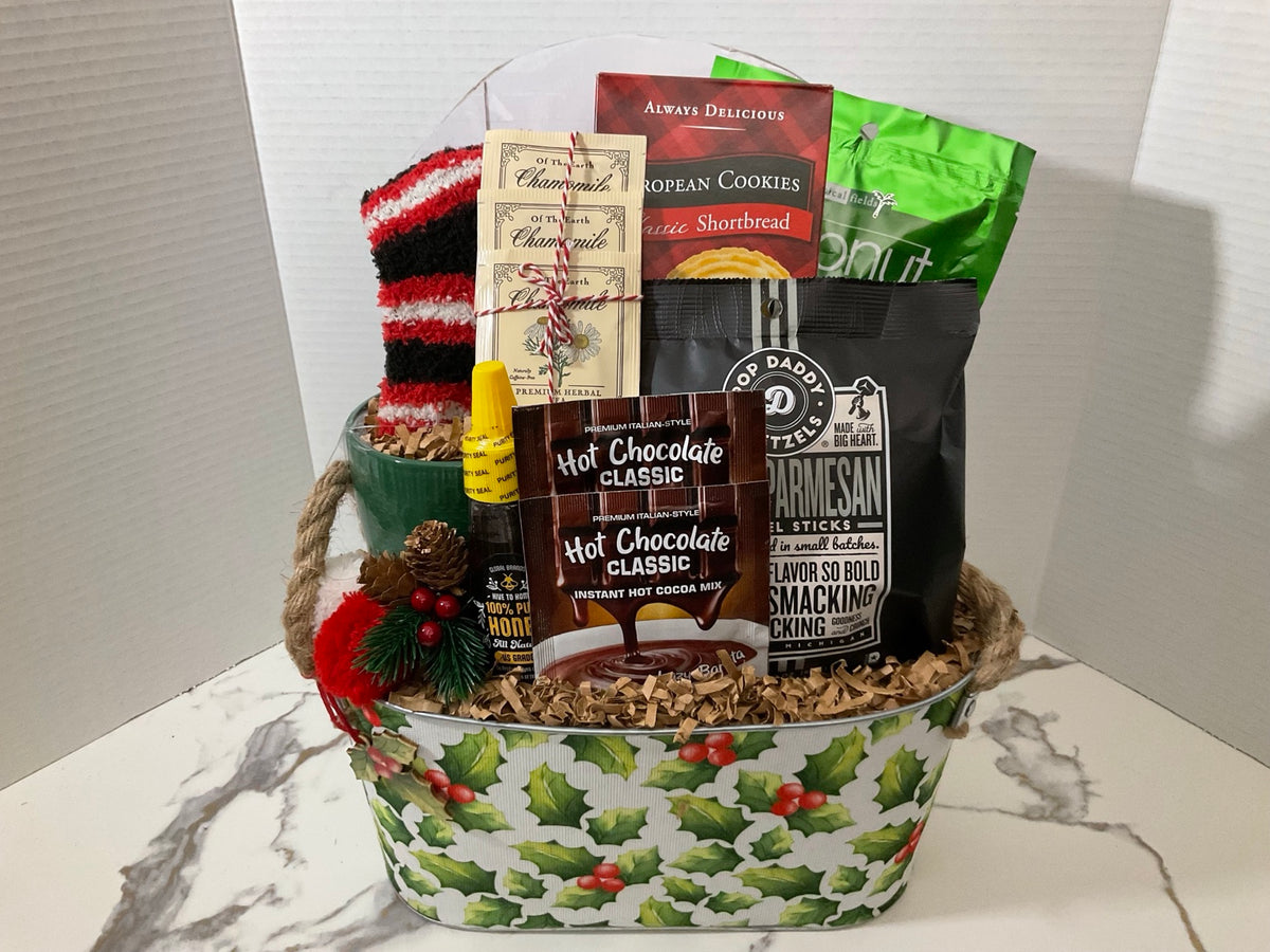Unwrapped Holiday Comfort Gift in holly and berry container