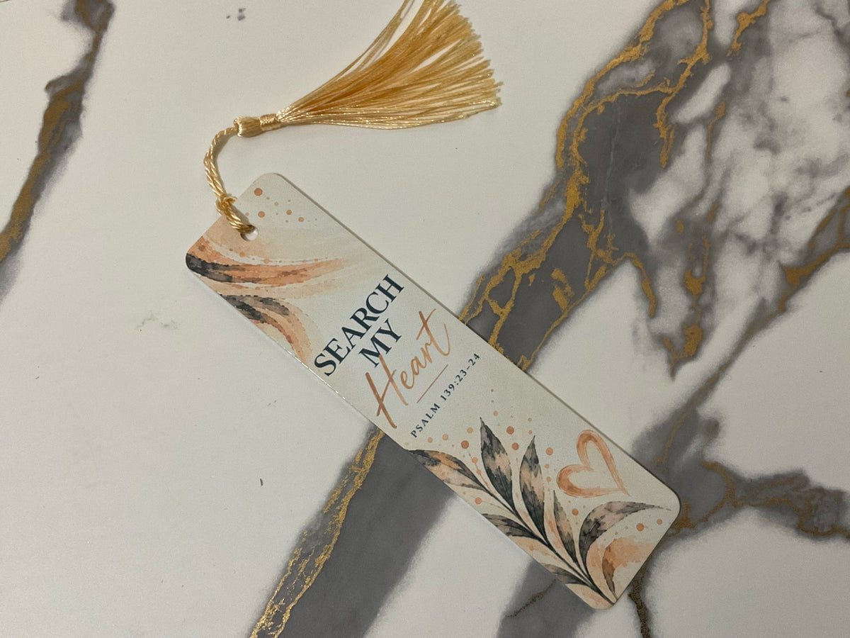 Search My Heart scripture bookmark with gold tassel